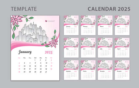 Wall calendar 2025 design, pink flowers concept, Desk calendar 2025 template can be place for photo and company Logo, Week Starts on Sunday, Set of 12 Months, Poster, Planner, holiday event, vectorのイラスト素材