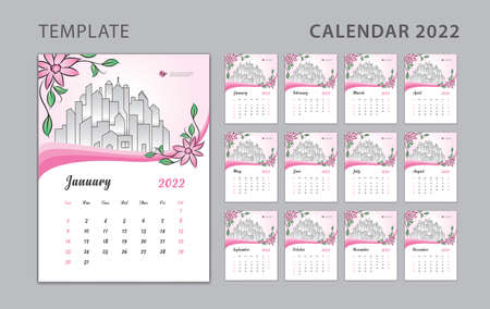 Wall calendar 2022 design, pink flowers concept, Desk calendar 2022 template can be place for photo and company Logo, Week Starts on Sunday, Set of 12 Months, Poster, Planner, holiday event, vectorのイラスト素材