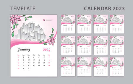 Wall calendar 2023 design, pink flowers concept, Desk calendar 2023 template can be place for photo and company Logo, Week Starts on Sunday, Set of 12 Months, Poster, Planner, holiday event, vectorのイラスト素材