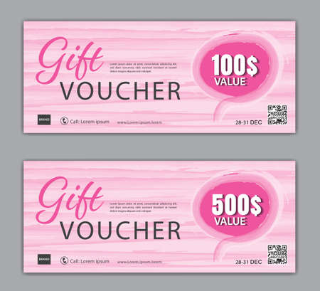 Gift Voucher template on pink brush stroke background, beauty discount coupon or certificate layout, discount card, Sale banner, headers, banner design, gift card, promotion card, Vector Illustrationのイラスト素材