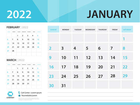 Calendar 2022 template, January 2022 year, Desk Calendar 2022 vector, Blue color, Week Start On Sunday, Wall calendar design, sample Planner, Stationery, Poster, printing media, Size : 8 x 6 inchのイラスト素材