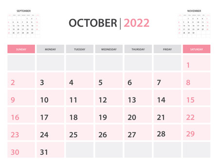 Calendar 2022 template, October 2022 layout, Printable minimalist monthly planner, Desk Calendar 2022 template, Wall calendar 2022 design,Week Start On Sunday, Stationery, printing, pink color, vectorのイラスト素材