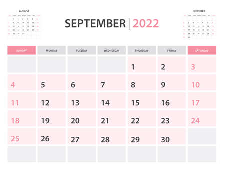 Calendar 2022 template, September 2022 layout, Printable minimalist monthly planner, Desk Calendar 2022 template, Wall calendar design, Week Start On Sunday, Stationery, printing, pink color, vectorのイラスト素材