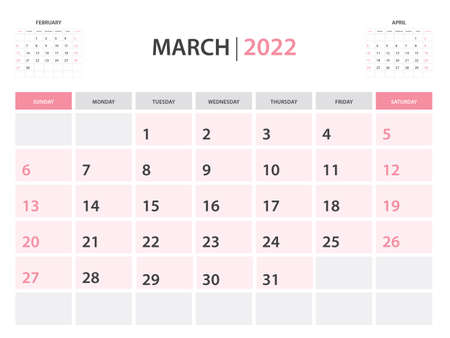 Calendar 2022 template, March 2022 layout, Printable minimalist monthly planner, Desk Calendar 2022 template, Wall calendar 2022 design, Week Start On Sunday, Stationery, printing, pink color, vectorのイラスト素材
