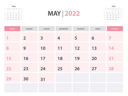 Calendar 2022 template, May 2022 layout, Printable minimalist monthly planner, Desk Calendar 2022 template, Wall calendar 2022 design, Week Start On Sunday, Stationery, printing, pink color, vectorのイラスト素材