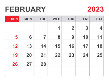 Calendar 2023 template, February 2023 layout, Printable minimalist monthly planner, Desk Calendar 2023 template, Wall calendar design, Week Start On Sunday, Stationery, printing, red color, vectorのイラスト素材