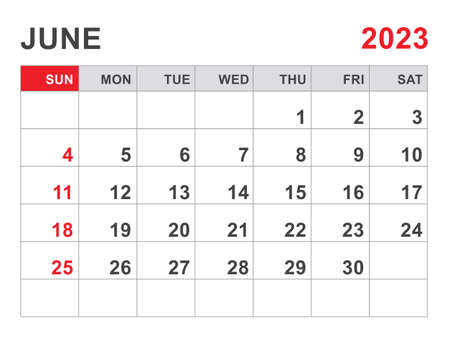 Calendar 2023 template, June 2023 layout, Printable minimalist monthly planner, Desk Calendar 2023 template, Wall calendar design, Week Start On Sunday, Stationery, printing, red color, vectorのイラスト素材