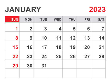 Calendar 2023 template, January 2023 layout, Printable minimalist monthly planner, Desk Calendar 2023 template, Wall calendar design, Week Start On Sunday, Stationery, printing, red color, vectorのイラスト素材