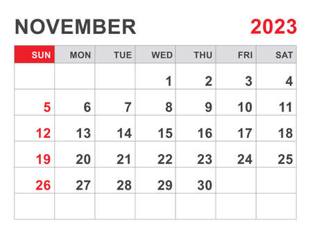 Calendar 2023 template, November 2023 layout, Printable minimalist monthly planner, Desk Calendar 2023 template, Wall calendar design, Week Start On Sunday, Stationery, printing, red color, vectorのイラスト素材
