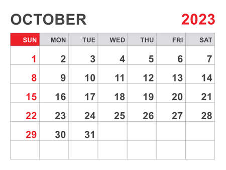 Calendar 2023 template, October 2023 layout, Printable minimalist monthly planner, Desk Calendar 2023 template, Wall calendar design, Week Start On Sunday, Stationery, printing, red color, vectorのイラスト素材