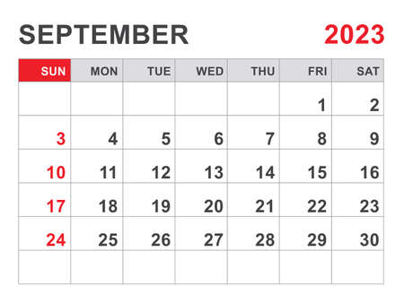 Calendar 2023 template, September 2023 layout, Printable minimalist monthly planner, Desk Calendar 2023 template, Wall calendar design, Week Start On Sunday, Stationery, printing, red color, vectorのイラスト素材