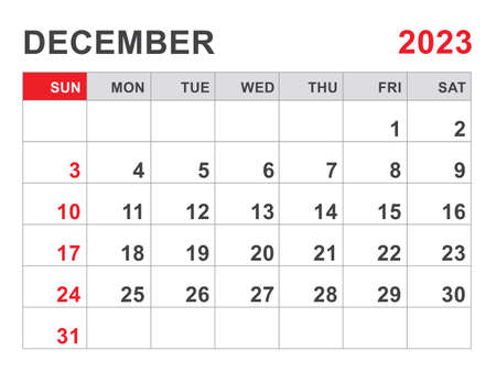 Calendar 2023 template, December 2023 layout, Printable minimalist monthly planner, Desk Calendar 2023 template, Wall calendar design, Week Start On Sunday, Stationery, printing, red color, vectorのイラスト素材