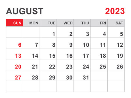 Calendar 2023 template, August 2023 layout, Printable minimalist monthly planner, Desk Calendar 2023 template, Wall calendar design, Week Start On Sunday, Stationery, printing, red color, vectorのイラスト素材