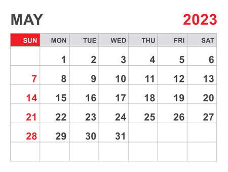 Calendar 2023 template, May 2023 layout, Printable minimalist monthly planner, Desk Calendar 2023 template, Wall calendar design, Week Start On Sunday, Stationery, printing, red color, vectorのイラスト素材