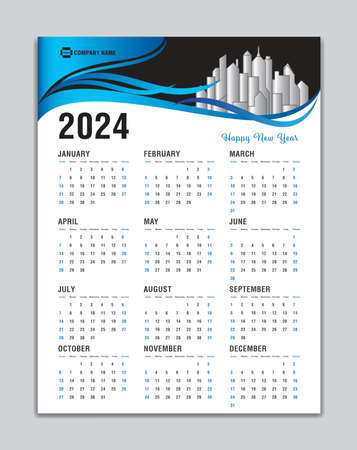Calendar 2024 template, Wall Calendar 2024 Vector, Desk Calendar Design, Week Start On Sunday, Poster, Planner, Stationery, Printing, vertical artwork, Blue wave background conceptのイラスト素材