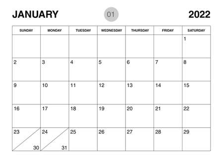 January 2022 year planner template, calendar 2022 template, monthly and yearly planners. organizer diary. week start Sunday, corporate planner template, Desk calendar 2022 year, Vector illustrationのイラスト素材