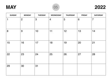 May 2022 year planner template, calendar 2022 template, monthly and yearly planners. organizer diary. week start Sunday, corporate planner template, Desk calendar 2022 year, Vector illustrationのイラスト素材