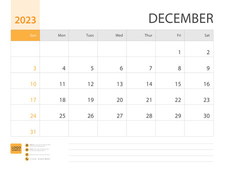 Monthly calendar template for 2023 year, December design, Planner, Desk calendar 2023 design, Week Starts on Sunday, Wall calendar 2023 design in a minimalist style, printing media, vector eps10のイラスト素材