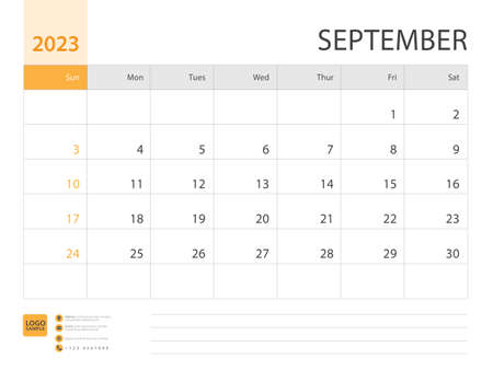 Monthly calendar template for 2023 year, September design, Planner, Desk calendar 2023 design, Week Starts on Sunday, Wall calendar 2023 design in a minimalist style, printing media, vector eps10のイラスト素材