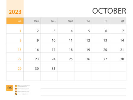 Monthly calendar template for 2023 year, October design, Planner, Desk calendar 2023 design, Week Starts on Sunday, Wall calendar 2023 design in a minimalist style, printing media, vector eps10のイラスト素材
