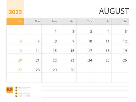 Monthly calendar template for 2023 year, August design, Planner, Desk calendar 2023 design, Week Starts on Sunday, Wall calendar 2023 design in a minimalist style, printing media, vector eps10のイラスト素材