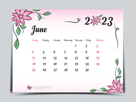 Calendar 2023 template on pink flowers background, June 2023 template, Monthly calendar planner artwork, Desk calendar 2023 design, Wall Calendar design, Poster, simple, vector eps10のイラスト素材