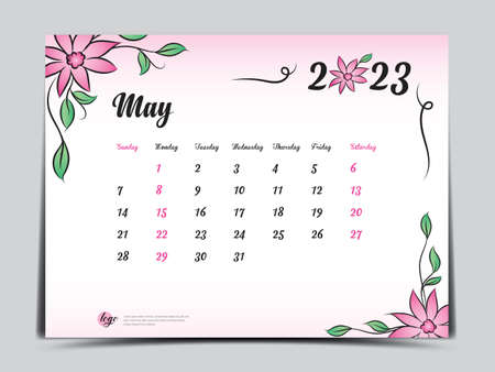 Calendar 2023 template on pink flowers background, May 2023 template, Monthly calendar planner artwork, Desk calendar 2023 design, Wall Calendar design, Poster, simple, vector eps10のイラスト素材