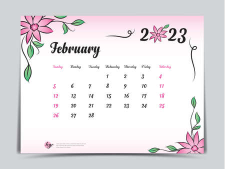 Calendar 2023 template on pink flowers background, February 2023 template, Monthly calendar planner artwork, Desk calendar 2023 design, Wall Calendar design, Poster, simple, vector eps10のイラスト素材