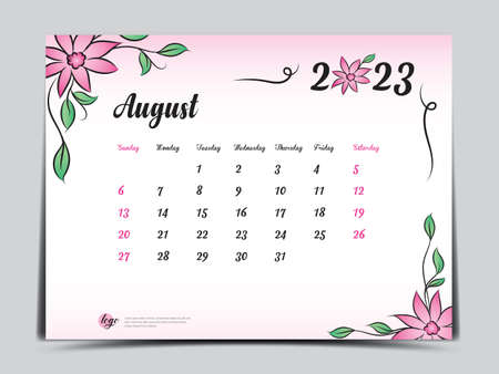Calendar 2023 template on pink flowers background, August 2023 template, Monthly calendar planner artwork, Desk calendar 2023 design, Wall Calendar design, Poster, simple, vector eps10のイラスト素材