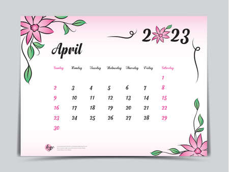 Calendar 2023 template on pink flowers background, April 2023 template, Monthly calendar planner artwork, Desk calendar 2023 design, Wall Calendar design, Poster, simple, vector eps10のイラスト素材