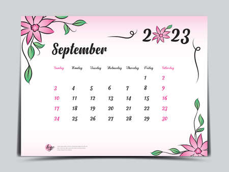 Calendar 2023 template on pink flowers background, September 2023 template, Monthly calendar planner artwork, Desk calendar 2023 design, Wall Calendar design, Poster, simple, vector eps10のイラスト素材
