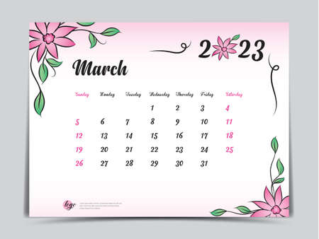 Calendar 2023 template on pink flowers background, March 2023 template, Monthly calendar planner artwork, Desk calendar 2023 design, Wall Calendar design, Poster, simple, vector eps10のイラスト素材