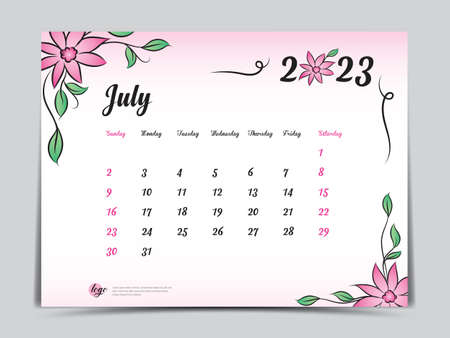 Calendar 2023 template on pink flowers background, July 2023 template, Monthly calendar planner artwork, Desk calendar 2023 design, Wall Calendar design, Poster, simple, vector eps10のイラスト素材