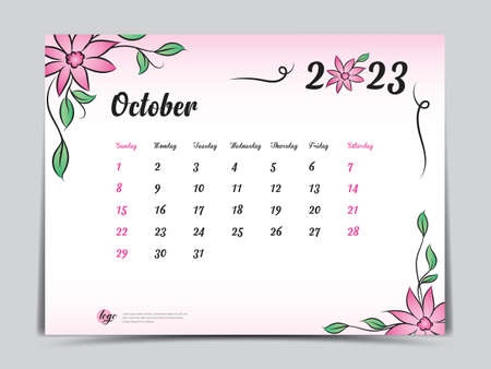 Calendar 2023 template on pink flowers background, October 2023 template, Monthly calendar planner artwork, Desk calendar 2023 design, Wall Calendar design, Poster, simple, vector eps10のイラスト素材
