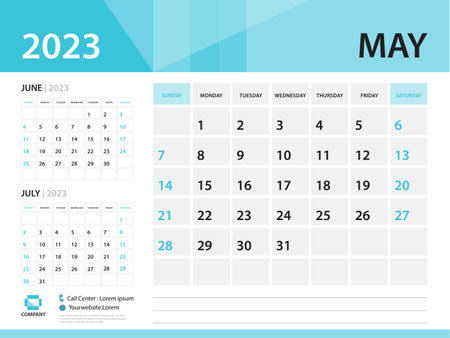 Calendar 2023 template, May 2023 year, Desk Calendar 2023 template, Week Start On Sunday, Wall calendar design, Planner layout, Stationery, Poster, printing media, Blue background vectorのイラスト素材