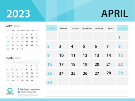 Calendar 2023 template, April 2023 year, Desk Calendar 2023 template, Week Start On Sunday, Wall calendar design, Planner layout, Stationery, Poster, printing media, Blue background vectorのイラスト素材