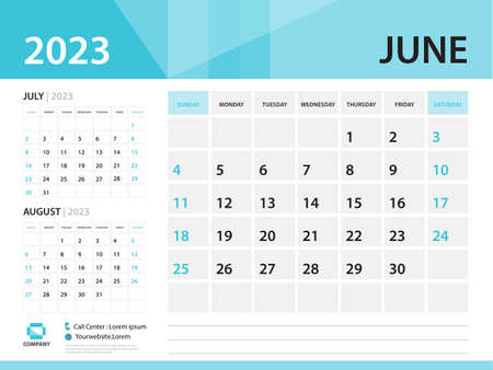 Calendar 2023 template, June 2023 year, Desk Calendar 2023 template, Week Start On Sunday, Wall calendar design, Planner layout, Stationery, Poster, printing media, Blue background vectorのイラスト素材