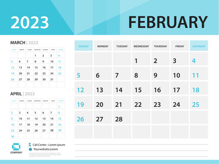 Calendar 2023 template, February 2023 year, Desk Calendar 2023 template, Week Start On Sunday, Wall calendar design, Planner layout, Stationery, Poster, printing media, Blue background vectorのイラスト素材