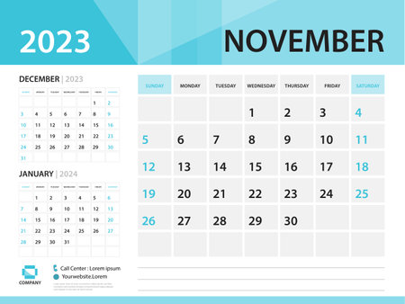Calendar 2023 template, November 2023 year, Desk Calendar 2023 template, Week Start On Sunday, Wall calendar design, Planner layout, Stationery, Poster, printing media, Blue background vectorのイラスト素材