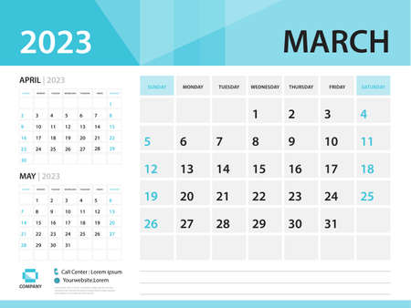 Calendar 2023 template, March 2023 year, Desk Calendar 2023 template, Week Start On Sunday, Wall calendar design, Planner layout, Stationery, Poster, printing media, Blue background vectorのイラスト素材
