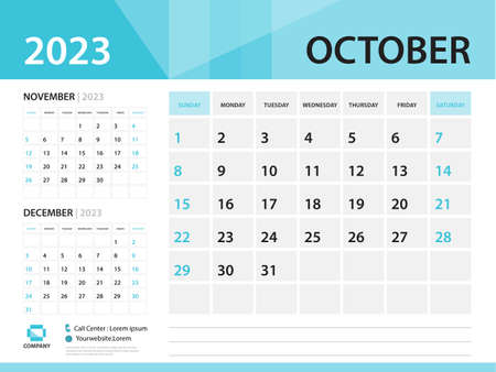 Calendar 2023 template, October 2023 year, Desk Calendar 2023 template, Week Start On Sunday, Wall calendar design, Planner layout, Stationery, Poster, printing media, Blue background vectorのイラスト素材