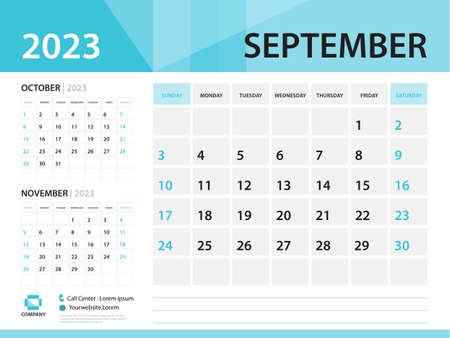 Calendar 2023 template, September 2023 year, Desk Calendar 2023 template, Week Start On Sunday, Wall calendar design, Planner layout, Stationery, Poster, printing media, Blue background vectorのイラスト素材