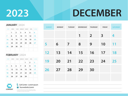 Calendar 2023 template, December 2023 year, Desk Calendar 2023 template, Week Start On Sunday, Wall calendar design, Planner layout, Stationery, Poster, printing media, Blue background vectorのイラスト素材