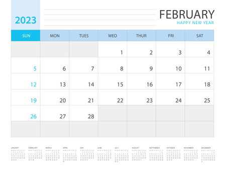 Calendar 2023 year template, February layout design, Planner simple, Desk calendar 2023 design, Week Starts on Sunday, Wall calendar design, printing media, advertisement, office organizer, vectorのイラスト素材