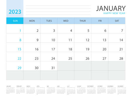 Calendar 2023 year template, January layout design, Planner simple, Desk calendar 2023 design, Week Starts on Sunday, Wall calendar design, printing media, advertisement, office organizer, vectorのイラスト素材