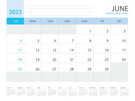 Calendar 2023 year template, June layout design, Planner simple, Desk calendar 2023 design, Week Starts on Sunday, Wall calendar design, printing media, advertisement, office organizer, vectorのイラスト素材