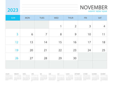 Calendar 2023 year template, November layout design, Planner simple, Desk calendar 2023 design, Week Starts on Sunday, Wall calendar design, printing media, advertisement, office organizer, vectorのイラスト素材