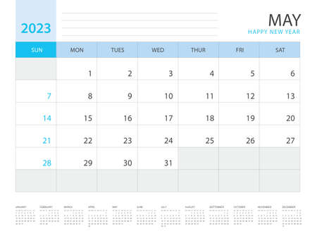 Calendar 2023 year template, May layout design, Planner simple, Desk calendar 2023 design, Week Starts on Sunday, Wall calendar design, printing media, advertisement, office organizer, vectorのイラスト素材