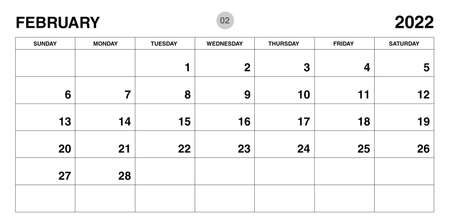 February 2022 year planner template, calendar 2022 template, monthly and yearly planners. organizer diary. week start Sunday, corporate planner template, Desk calendar 2022, Horizontal layout, vectorのイラスト素材