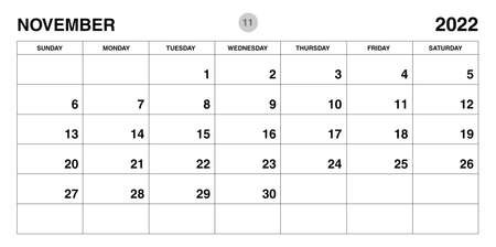 November 2022 year planner template, calendar 2022 template, monthly and yearly planners. organizer diary. week start Sunday, corporate planner template, Desk calendar 2022, Horizontal layout, vectorのイラスト素材
